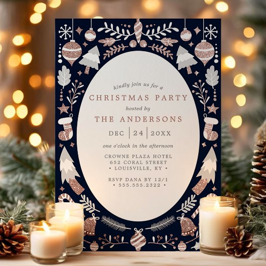 Festivals Moderne Rose Gold und Navy Weihnachtsfes Einladung
