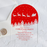 Festivals Modernes Weihnachtsfest Party Santa Rot<br><div class="desc">Festliche Moderne Weihnachtsfeier Weihnachten Party Santa Rote Weihnachtsfeier Akryllische Einladungen bietet eine Silhouette Weihnachtsfeiern,  die über Bäume fliegen,  während Schnee fällt mit Ihrer personalisierten Weihnachtsfeier Party Einladung unten. Designed by ©2024 Evco Holidays www.zazzle.com/store/evcoholidays</div>