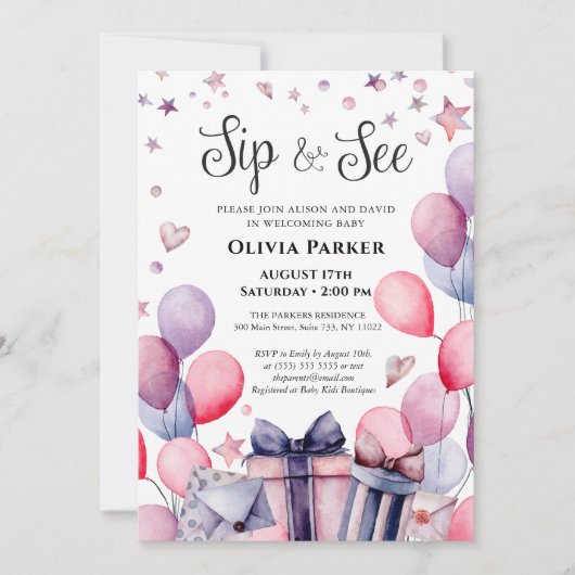 Festivals Pink Blue Ballon Willkommen Baby SIP UND Einladung (Vorderseite)