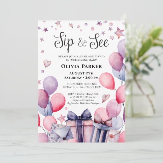 Festivals Pink Blue Ballon Willkommen Baby SIP UND Einladung (Stehend Vorderseite)