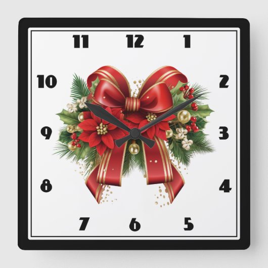 Festivals Red and Gold Weihnachtsbow Quadratische Wanduhr (Vorderseite)