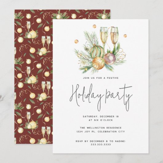 Festivals Red Watercolor Champagne Weihnachten Par Einladung (Vorne/Hinten)