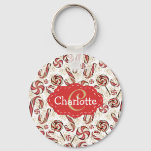 Festivals Retro Candy Canes Muster Monogramm Schlüsselanhänger