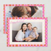 Festivals Rosa Orange Checkerboard Border 2 Foto Feiertagskarte (Vorne/Hinten)