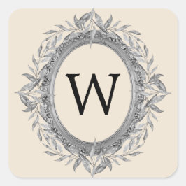 Festivals Silver Gray Blätter Wreath Monogram Quadratischer Aufkleber