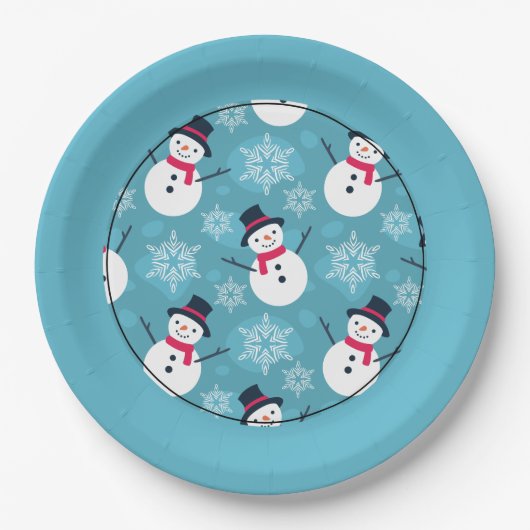 Festivals Snowman auf blauem Muster Pappteller (Vorderseite)