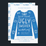 Festivals Ugly Sweater Hanukkah Party Einladungen<br><div class="desc">Ein hässlicher Pullover mit einer Touch hässlicher Gestaltung in traditionellem Blau und Weiß mit hanukkiah und präsentiert für Ihre jüdische Feier.</div>