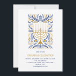 Festivals Wasserfarbe Menorah Floral Hanukkah PART Einladung<br><div class="desc">Laden Sie Ihre Familie und Freunde ein, die Freude und die Lichter von Hanukkah mit dieser eleganten Party Einladung zu teilen. Das Design umfasst eine Menorah mit Kerzen, die mit botanischem Weizenblättern in klassischer jüdischer Farbe hellblau, marineblau und gold verziert sind. Fügen Sie unten Ihre hanukkah Feierlichkeiten Details hinzu. Rückseite...</div>