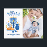 Festivals Wasserfarbe Menorah Happy Hanukkah Foto Feiertagspostkarte<br><div class="desc">Happy Hanukkah! Send Hanukkah wishes to family and friends with this customizable foto postcard. It feys watercolor illustrationen of Hanukkah symbos such as Hanukkiah or menorah,  sufganiyot,  olives and dreidel. Personalize by adding names and hat ein Foto.</div>
