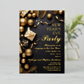 Festive Baubles Black Gold New Years Eve Party Folieneinladung (Stehend vorne)