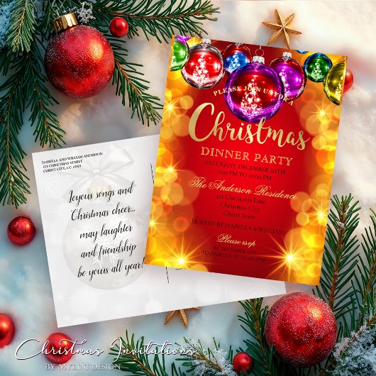 Festive Baubles Christmas Dinner Party Invitation Postkarte