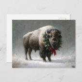 Festive Bison with Holiday Wreath Postkarte (Vorne/Hinten)