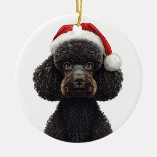 Festive Black Poodle Dog in Santa Hat Illustration Keramik Ornament (Vorne)
