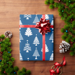 Festive Blue and White Christmas Tree Pattern Geschenkpapier