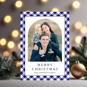 Festive Blue Gingham Photo Christmas Feiertagskarte
