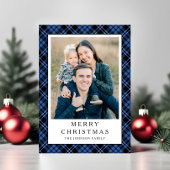 Festive Blue Plaid Photo Christmas Feiertagskarte