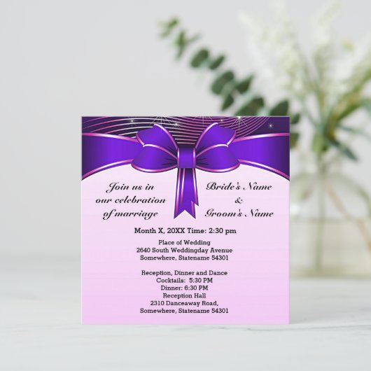 Festive Blue Ribbon Wedding 5.25" x 5.25" Einladun Einladung (Stehend Vorderseite)