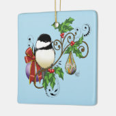 Festive Blue Vintage Christmas Chickadee Keramikornament (Links)
