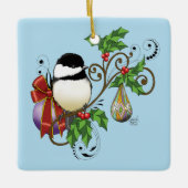 Festive Blue Vintage Christmas Chickadee Keramikornament (Vorderseite)