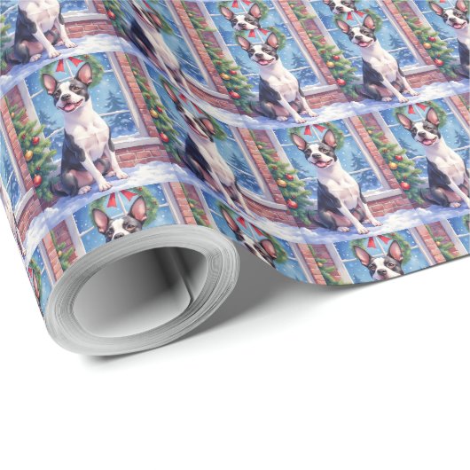 Festive Boston Terrier Christmas Art Geschenkpapier (Rolleneckpunkt)