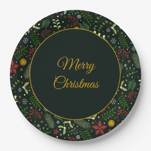 Festive Botanical Merry Christmas Plate Pappteller (Vorderseite)