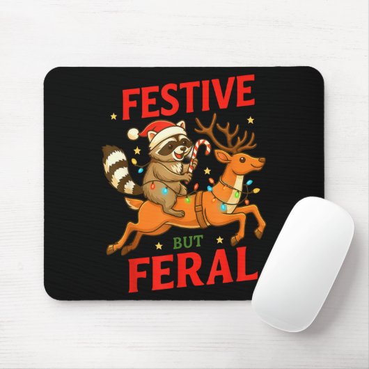 Festive But Feral Funny Christmas Raccoon Riding R Mousepad (Mit Mouse)