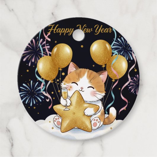 Festive Calico Cat Celebrating New Year with Firew Geschenkanhänger (Vorderseite)