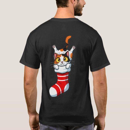 Festive Calico Kitty Peeking from Stocking T-Shirt (Rückseite)