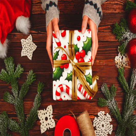 Festive Candy Cane & Holly Christmas Wrapping Pape Geschenkpapier