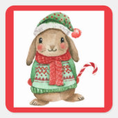 Festive christmas bunny with candy cane quadratischer aufkleber (Vorderseite)