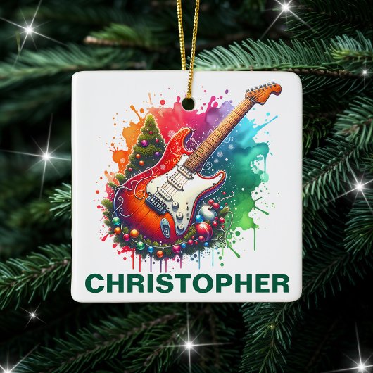 Festive Christmas Electric Guitar Custom Name Keramikornament
