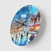 Festive Christmas Ice Skating Scene Runde Wanduhr (Winkel)
