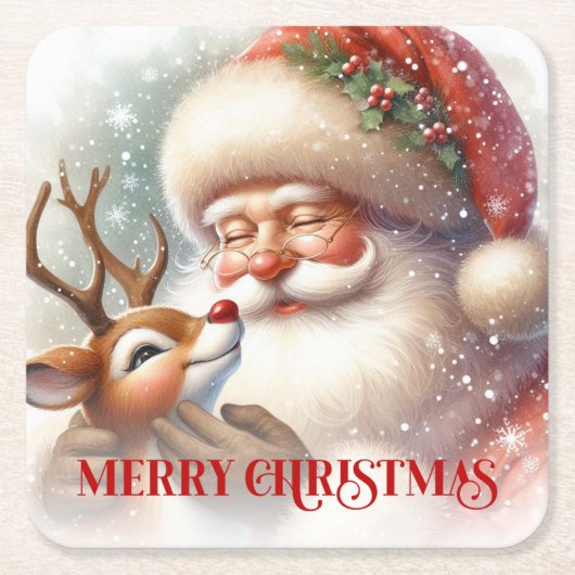 Festive Christmas Paper Coaster Santa Claus Rudolp Rechteckiger Pappuntersetzer (Vorderseite)