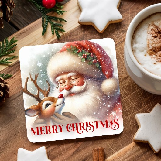 Festive Christmas Paper Coaster Santa Claus Rudolp Rechteckiger Pappuntersetzer