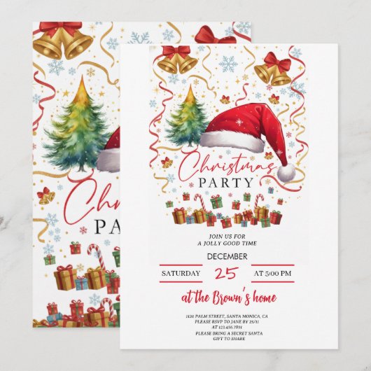 Festive Christmas Party Invitation Red Santa Hat Einladung (Vorne/Hinten)