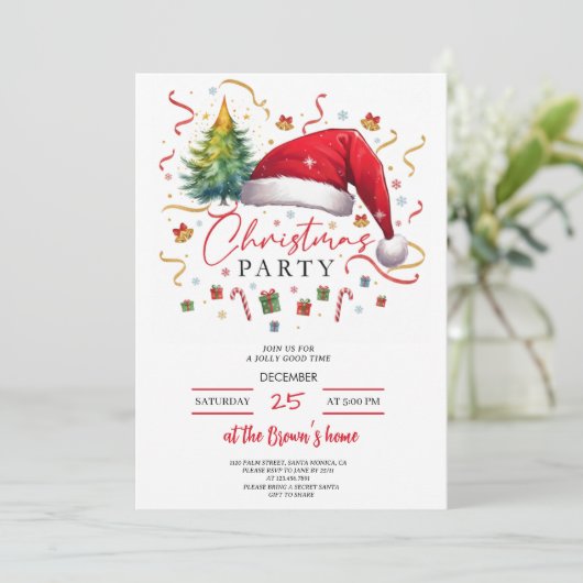 Festive Christmas Party Invitation Red Santa Hat Einladung (Stehend Vorderseite)