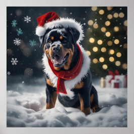 Festive Christmas Rottweiler Dog with Santa Hat  Poster