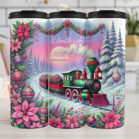 Festive Christmas Train Poinsettia Landscape Thermosbecher