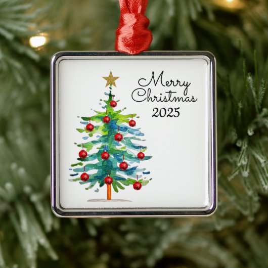 Festive Christmas Tree With Red Ornaments Ornament Aus Metall (Baum)