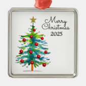 Festive Christmas Tree With Red Ornaments Ornament Aus Metall (Vorne)