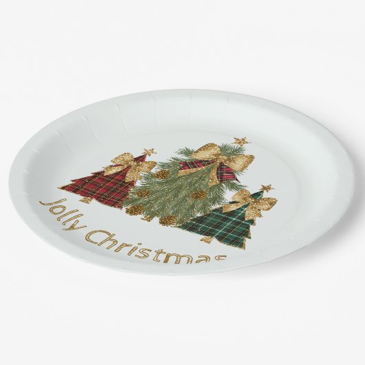 Festive Christmas Trees & Custom Name Paper Plates Pappteller (Schrägansicht)
