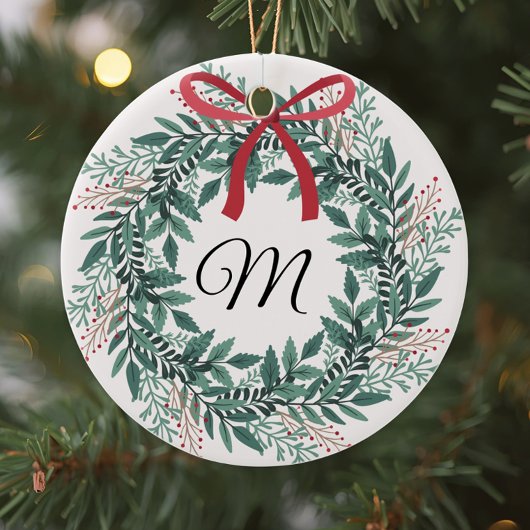Festive Christmas Wreath Custom Initial and Photo Keramik Ornament