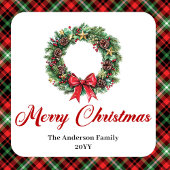 Festive Christmas Wreath Red Green Plaid Labels Quadratischer Aufkleber