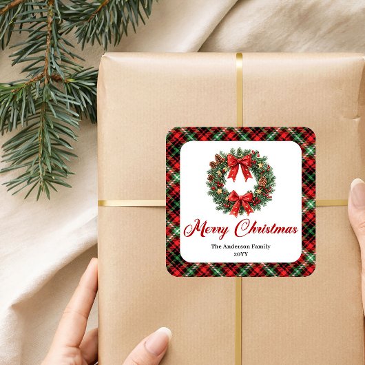Festive Christmas Wreath Red Green Plaid Labels Quadratischer Aufkleber