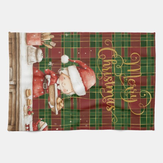 Festive Classic Red Green Gold Tartan Frau Claus Geschirrtuch (Horizontal)
