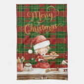 Festive Classic Red Green Gold Tartan Frau Claus Geschirrtuch (Vertikal)