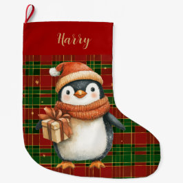 Festive Classic Red Green Gold Tartan Penguin Großer Weihnachtsstrumpf