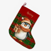 Festive Classic Red Green Gold Tartan Penguin Großer Weihnachtsstrumpf (Vorderansicht (hängend))