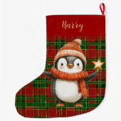 Festive Classic Red Green Gold Tartan Penguin Großer Weihnachtsstrumpf (Rückseite)