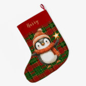 Festive Classic Red Green Gold Tartan Penguin Großer Weihnachtsstrumpf (Rückseite (Hängend))